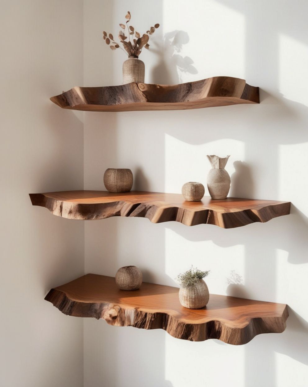 Wooden corner shelves with natural finish against a white wall