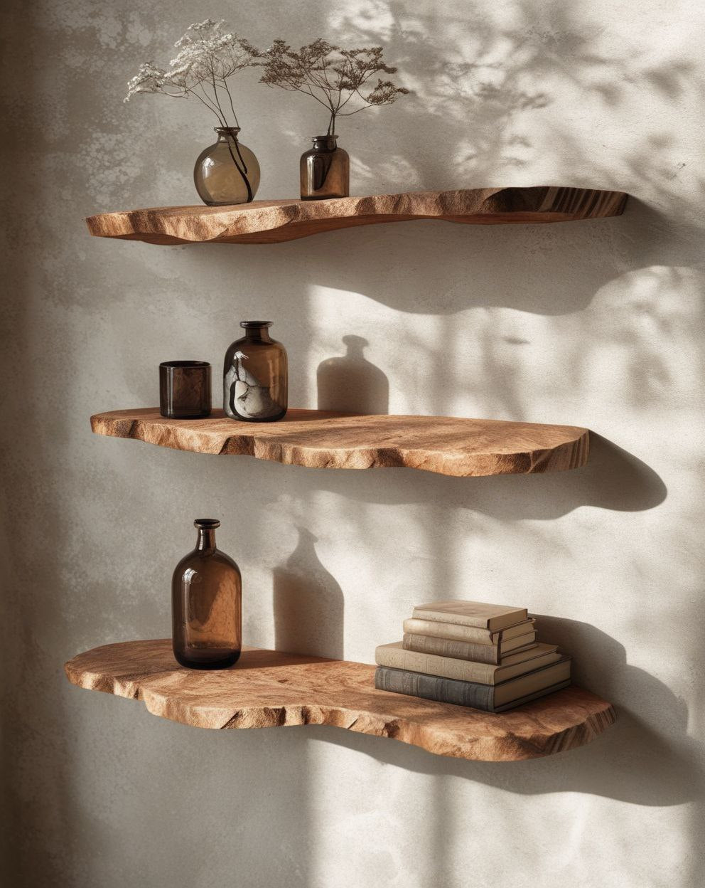 Three wooden shelves with decorative items against a textured wall.