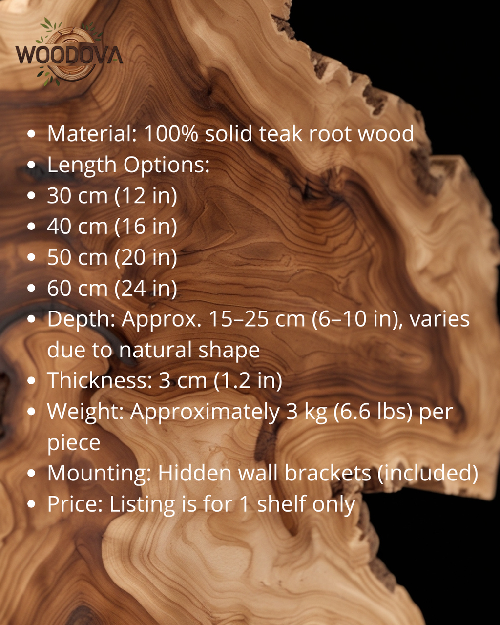 Wooden shelf with teak root wood texture and product details on a black background
