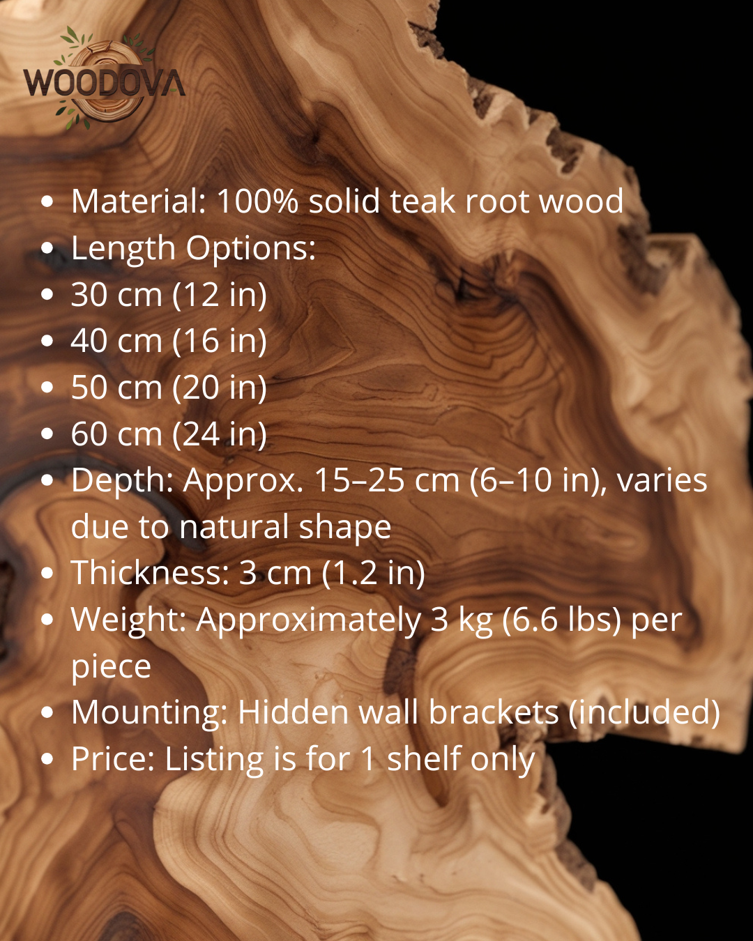 Wooden shelf with teak root wood texture and product details on a black background