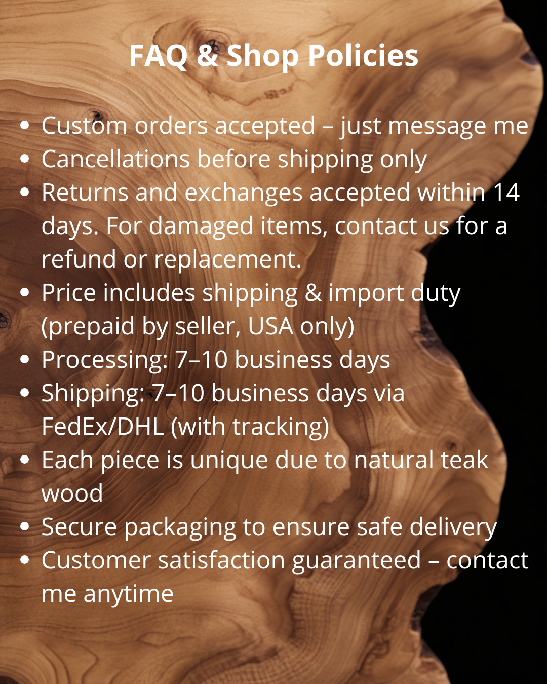 Wooden product with FAQ & Shop Policies text overlay