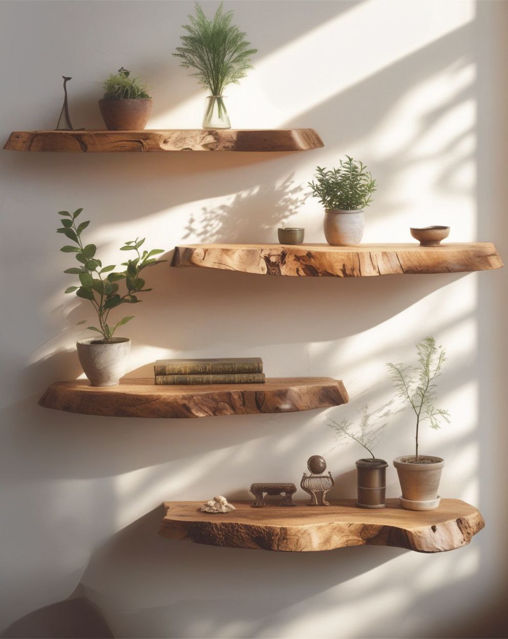Wooden shelves with plants and decor against a white wall