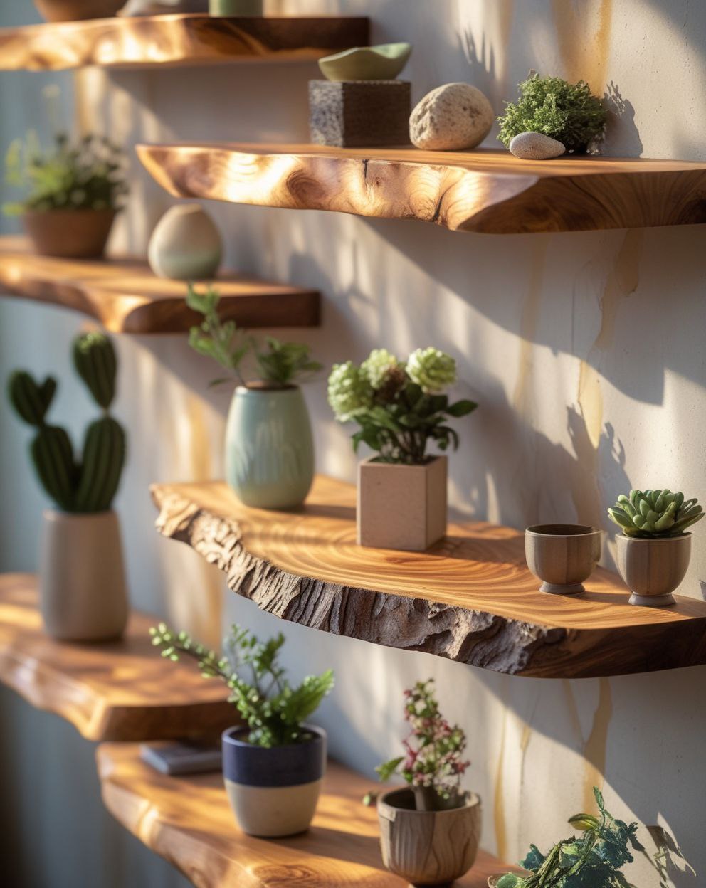 Wooden shelves with various potted plants against a neutral wall