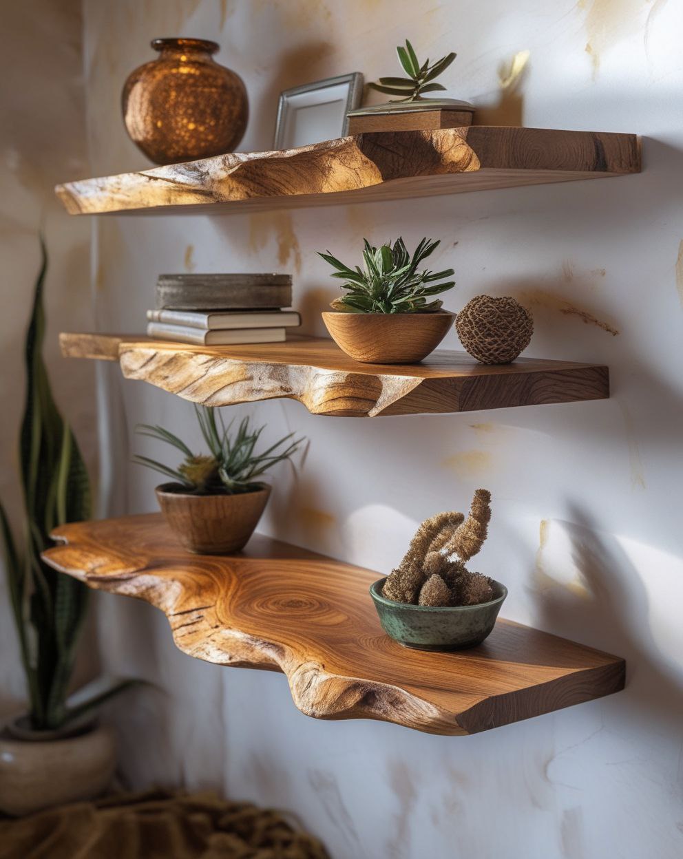 Wooden shelves with natural edge design, displaying plants and decor against a wall.