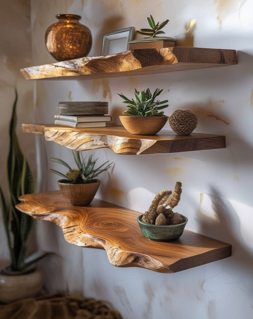 Four live edge teak root floating wall shelves styled with plants, pottery, and natural home decor