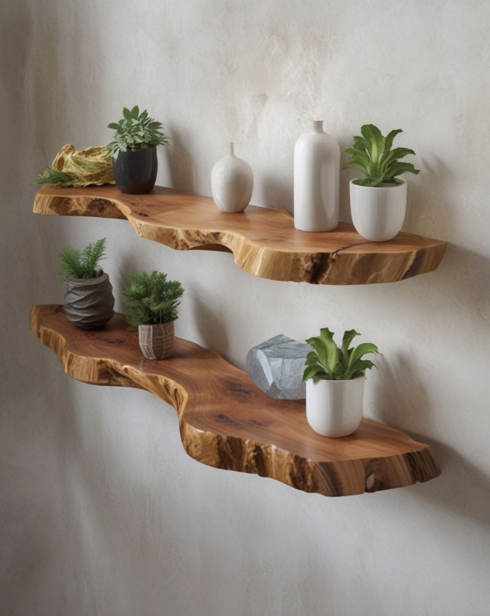 Wooden shelves with plants and decorative items against a plain wall