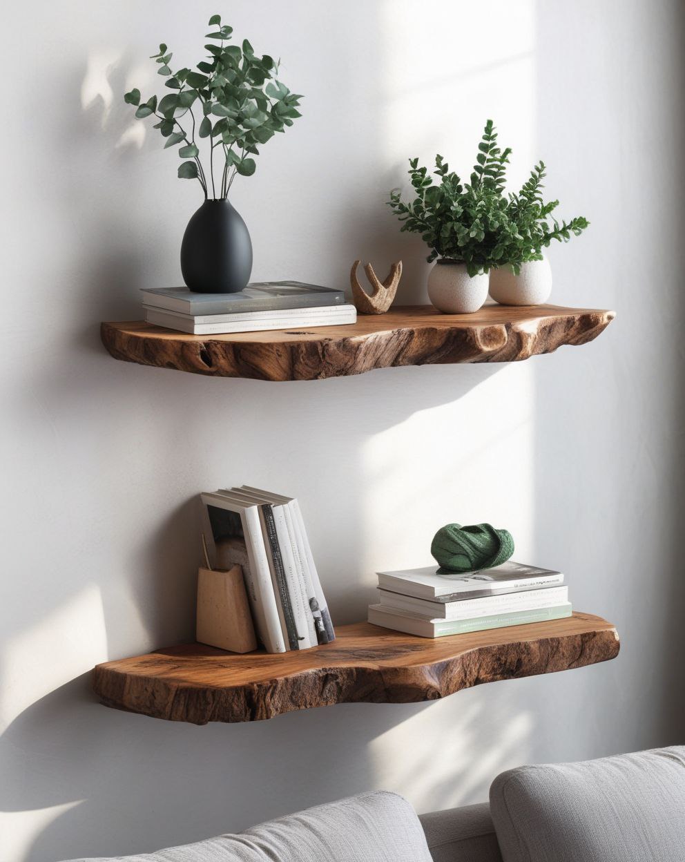 Wooden shelves with books, a vase, and plants against a white wall.